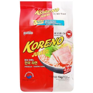 Túi 10 gói mì Koreno 1 kg vị bò, kim chi Hàn Quốc