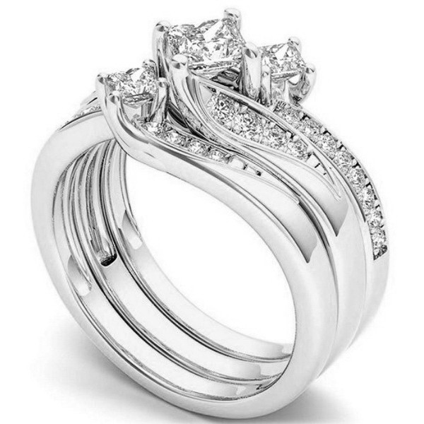 Bộ ba nhẫn khảm đá zircon mạ vàng 18K phong cách Âu Mỹ