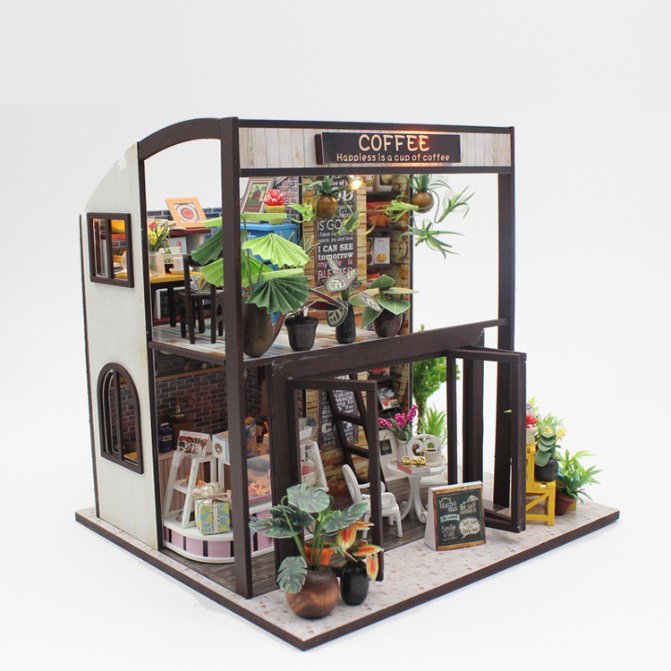 Mô hình nhà DIY Doll House Coffee House Kèm Mica chống bụi, Bộ dụng cụ và Keo dán