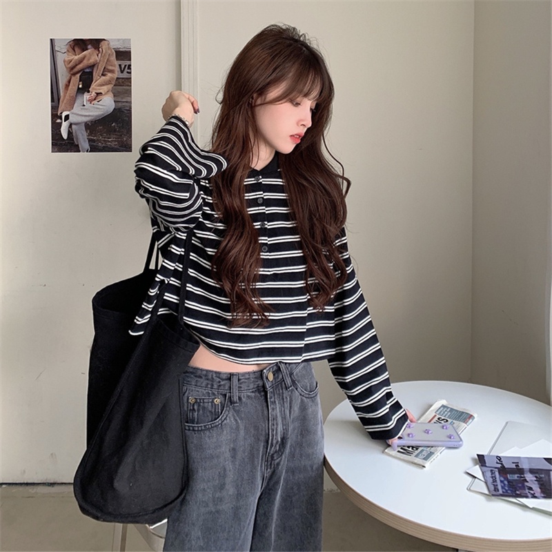 【ZHELIHANGFEI】Áo Thun POLO Tay Dài Form Rộng Họa Tiết Sọc Dễ Phối Đồ