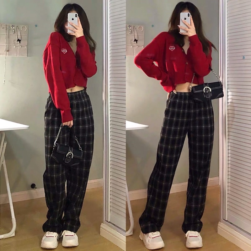 Áo Cardigan nữ và quần ống suông Ullzang caro lưng cao dáng dài.