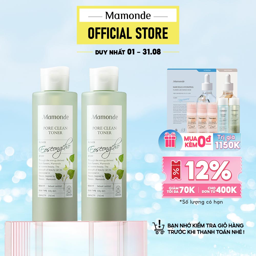 Bộ Đôi Nước cân bằng làm sạch dầu nhờn và ngăn ngừa mụn Mamonde Pore Clean Toner 250mlx2