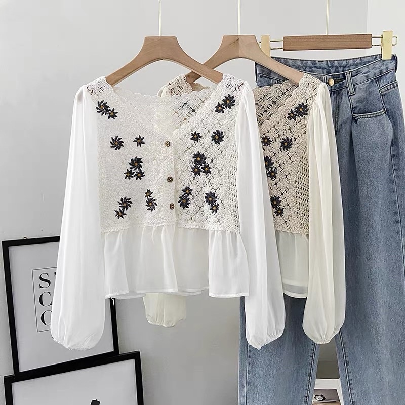 Áo voan tay dài cổ V họa tiết thêu phong cách retro cổ điển xinh xắn cho nữ/Áo Gile dệt kim Quảng Châu cao cấp