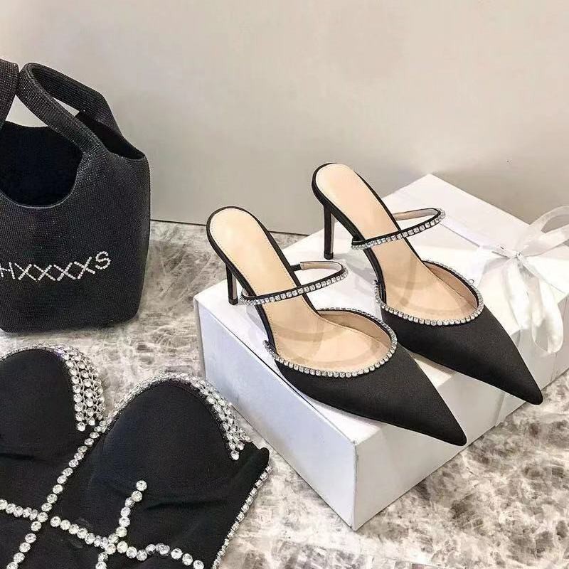 ▲۩Spring/Summer 2021 new high heels female temperament outer wear half slippers Baotou stiletto pointed toe women s shoes with rhinestone sandals and