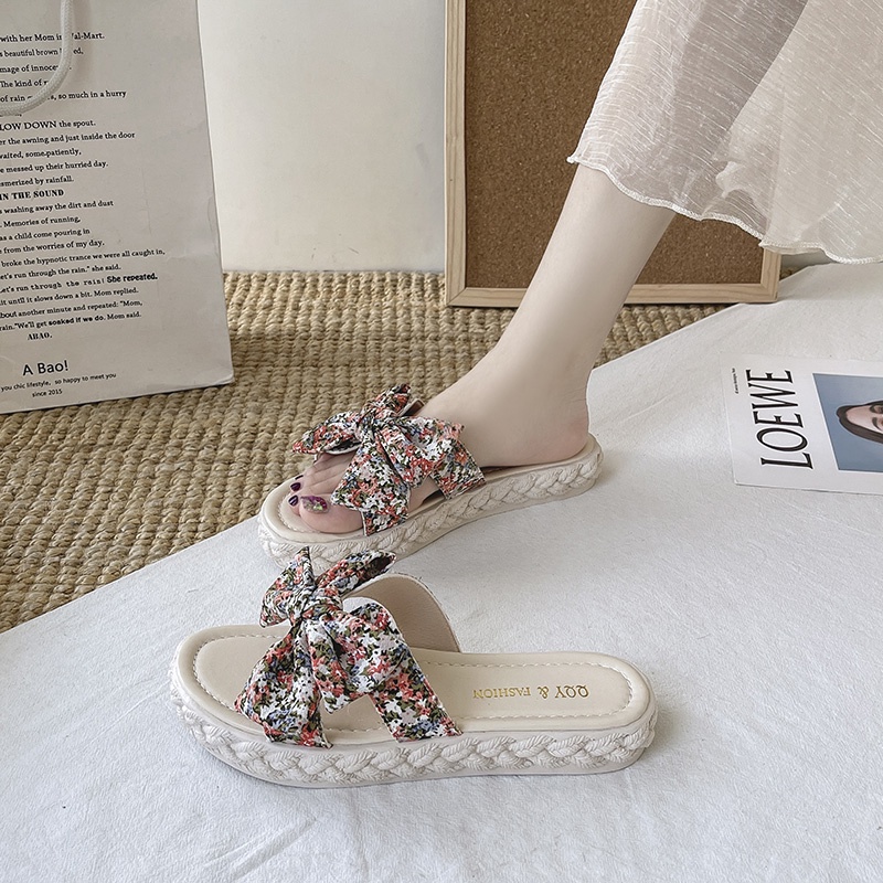 Dép quai ngang IELGY đính nơ in hoa thời trang cho nữ