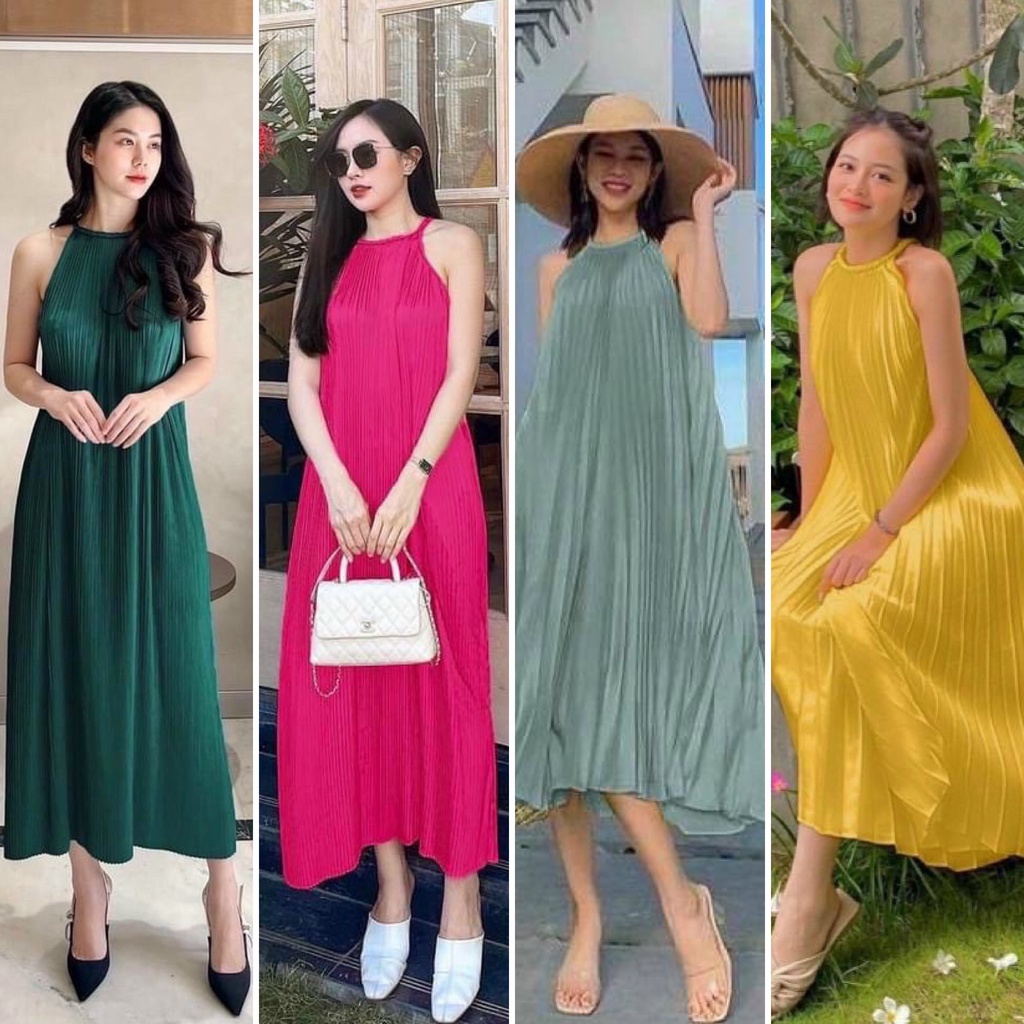Váy maxi dập ly cổ yếm QCCC
