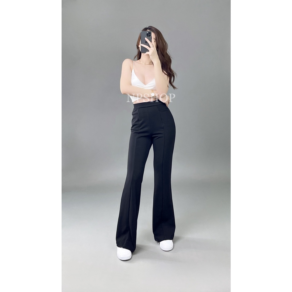 Quần tây ống loe NPSHOP lưng cao trơn dài, quần ống bas cạp cao vải tây cát mềm co giãn NPQ044