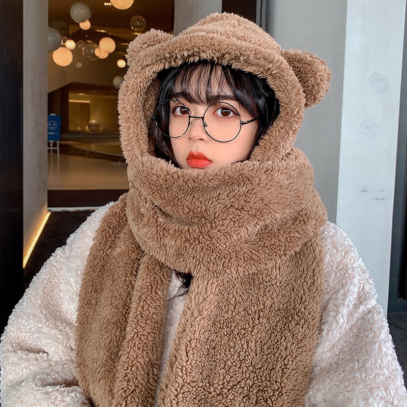 Mũ len gấu lông cừu trùm đầu cho nữ cực ấm có quàng cổ