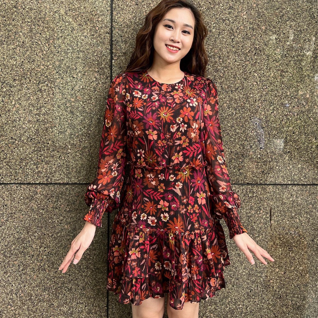 VÁY VOAN HOA ĐỎ TAY DÀI CỔ TRÒN | ĐI TIỆC . CÔNG SỞ , ĐI CHƠI