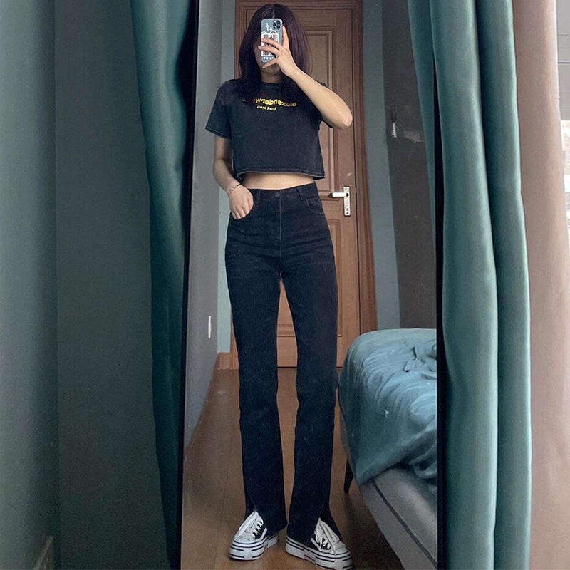 IELGY Quần jean đen lưng cao dáng rộng xẻ tà phong cách cổ điển Hàn Quốc cho bạn nữ