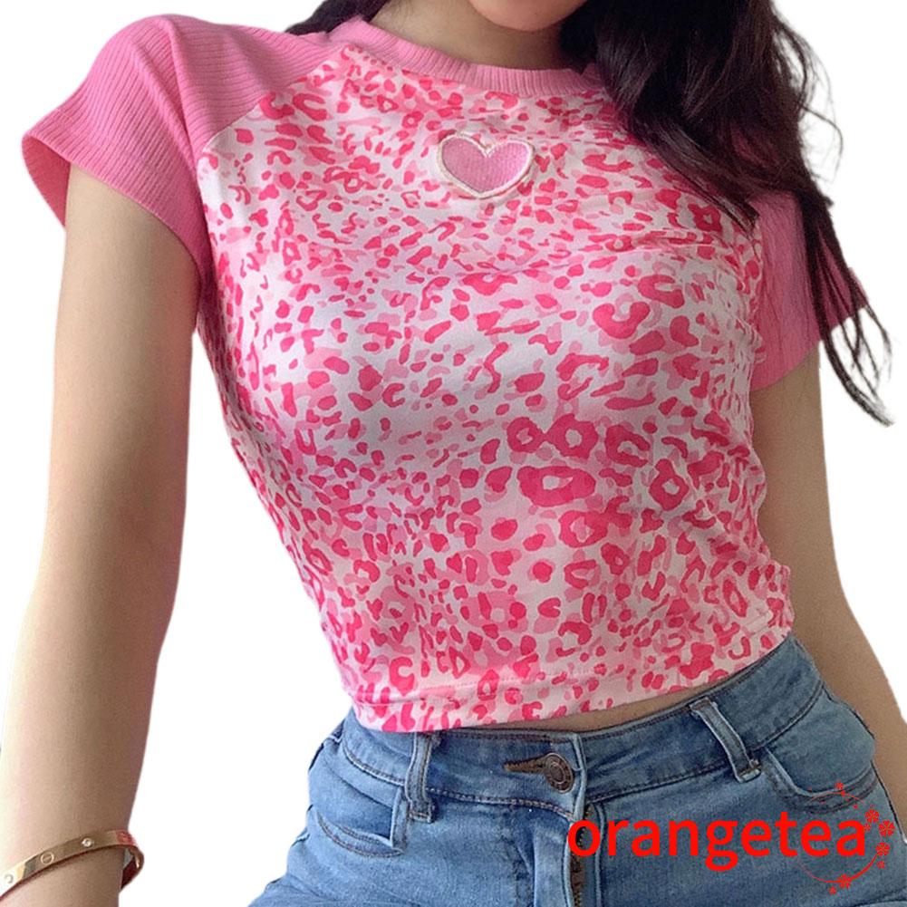 Áo Croptop Tay Ngắn Hoạ Tiết Da Báo Màu Hồng Thêu Thời Trang Mùa Hè