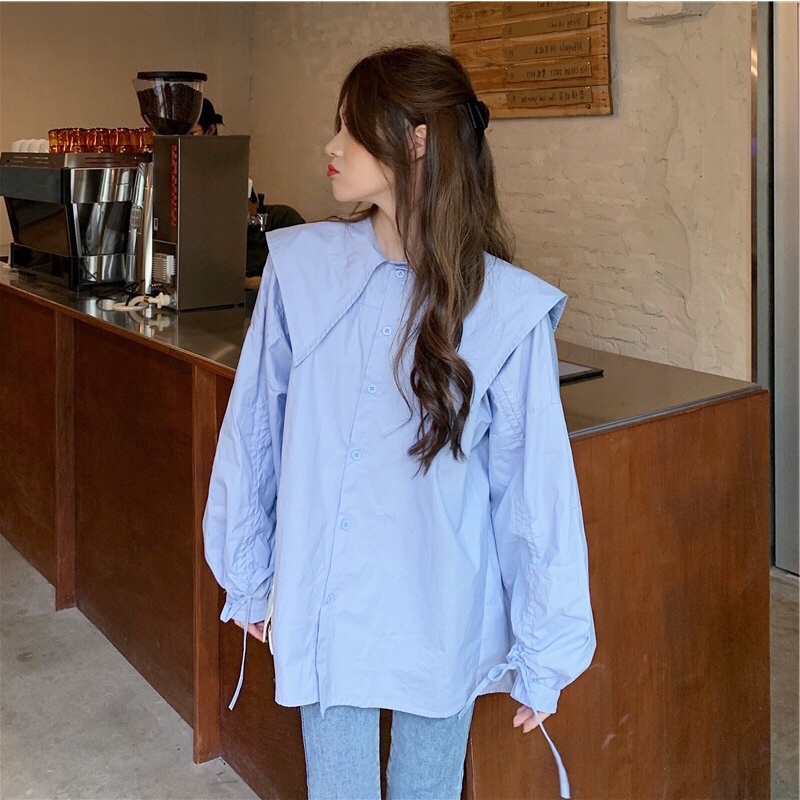 Áo sơ mi cổ sen dáng oversize chất liệu đẹp lên đang cực xinh ạ