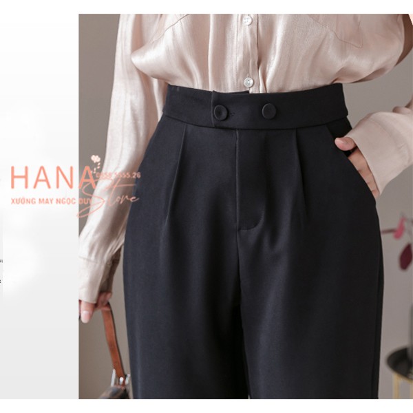 Quần tây nữ công sở dài 95cm có đai khóa 2 cúc khuy bấm - Dáng quần baggy công sở Đen - Vải dày Vitex - Học sinh đi học