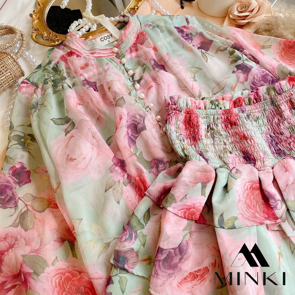 SET ÁO VOAN HOA KÈM LÓT CHÂN VÁY NHÚN - CHẤT LIỆU VOAN CAO CẤP - MÀU XANH / HỒNG | BigBuy360 - bigbuy360.vn