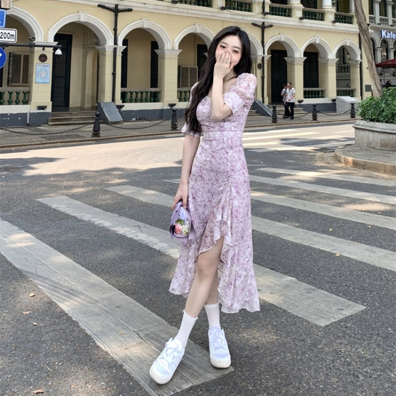 Đầm Maxi Tay Ngắn Hoạ Tiết Hoa Thiết Kế Xẻ Quyến Rũ