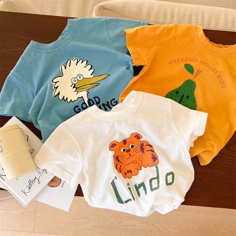 Áo thun bằng cotton nguyên chất 100% ngắn tay in họa tiết hoạt hình cho bé sáu màu