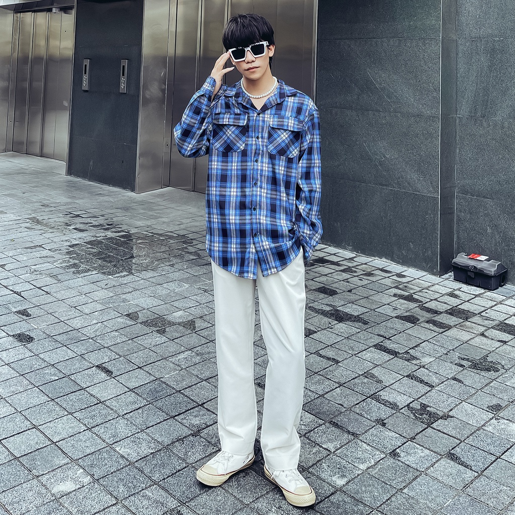 Áo Sơ Mi Flannel Màu Xanh Sọc Trắng