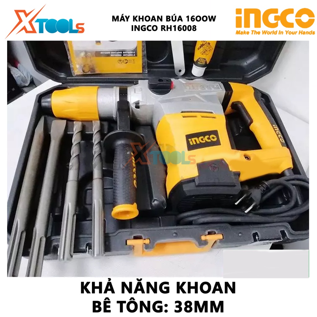 Máy khoan búa dùng pin 3 chức năng 1600w Ingco RH16008 đầu gài sds, tốc độ 550rpm, tốc độ đập 3850bpm; lực đập 8j, chế đ