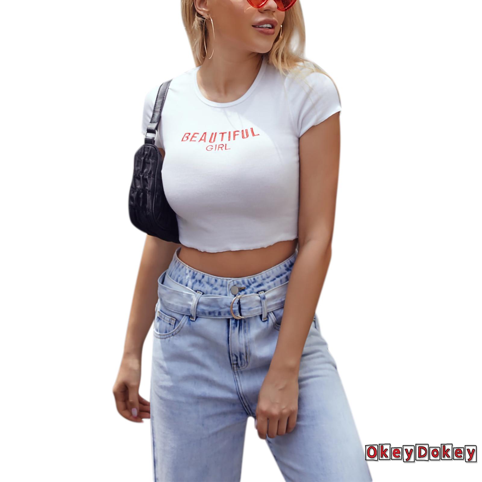 Áo Thun Crop Top Nữ Cổ Tròn Ngắn Tay In Chữ