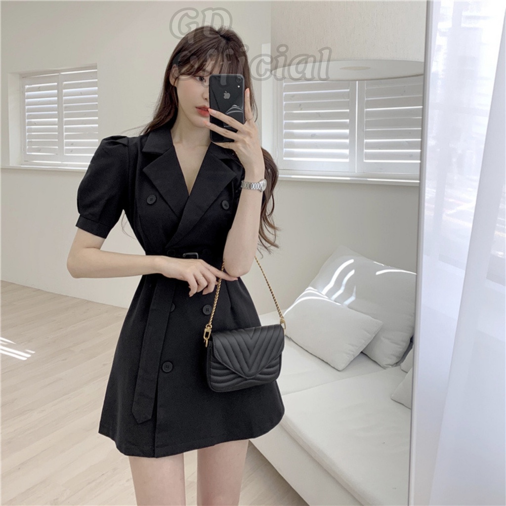 D38|Đầm nữ nhẹ nhàng ngắn tay, phồng cổ vest thanh lịch, hiện đại kèm thắt lưng màu đen, nâu GD Official