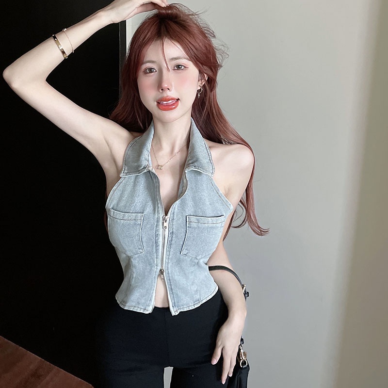 Áo Croptop Sát Nách Chất Liệu Denim Thời Trang Cho Nữ