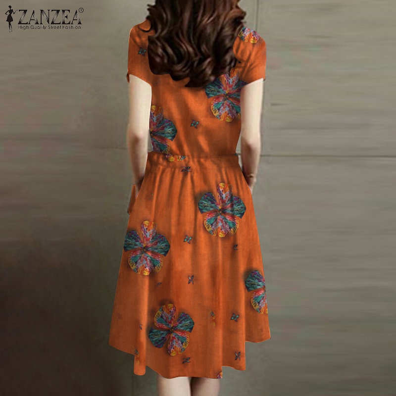 ZANZEA Đầm Midi Cổ Tròn In Họa Tiết Vintage Thời Trang Cho Nữ