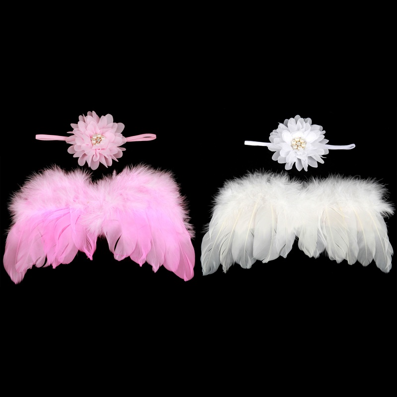 Băng Đô Cánh Thiên Thần Lông Vũ Màu Trắng / Hồng Làm Đạo Cụ Chụp Ảnh Cho Bé Sơ