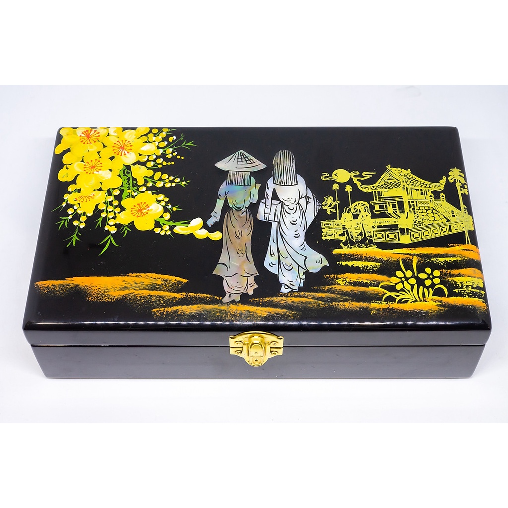 Hộp đựng trang sức gỗ sơn mài khảm trai cao cấp hình 2 Cô gái mặc áo dài