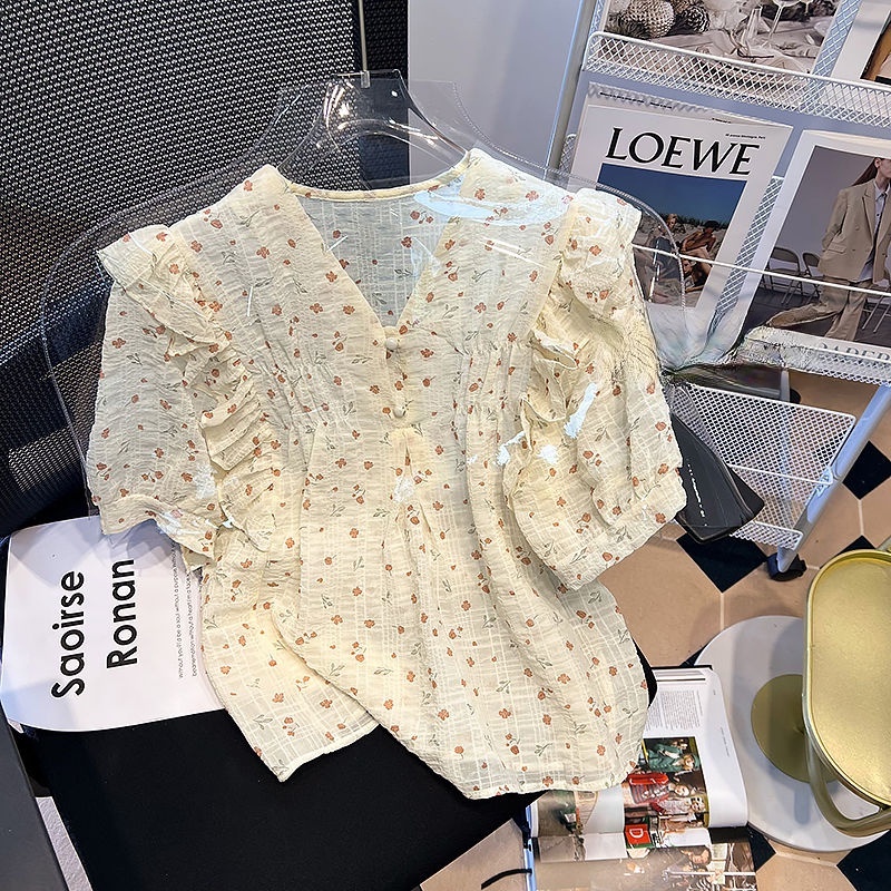 Áo Sơ Mi Tay Ngắn Cổ Chữ V Phối Bèo Thời Trang Mùa Hè Cho Nữ