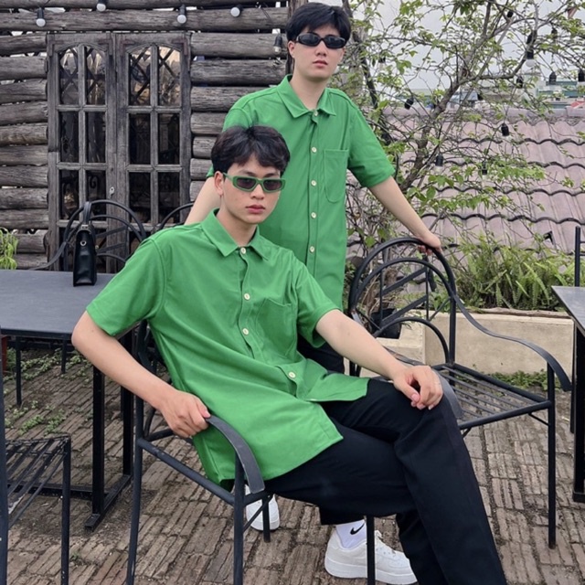 Áo Sơmi Xanh lá Cộc tay Nam nữ Hàng thiết kế Siêu hot