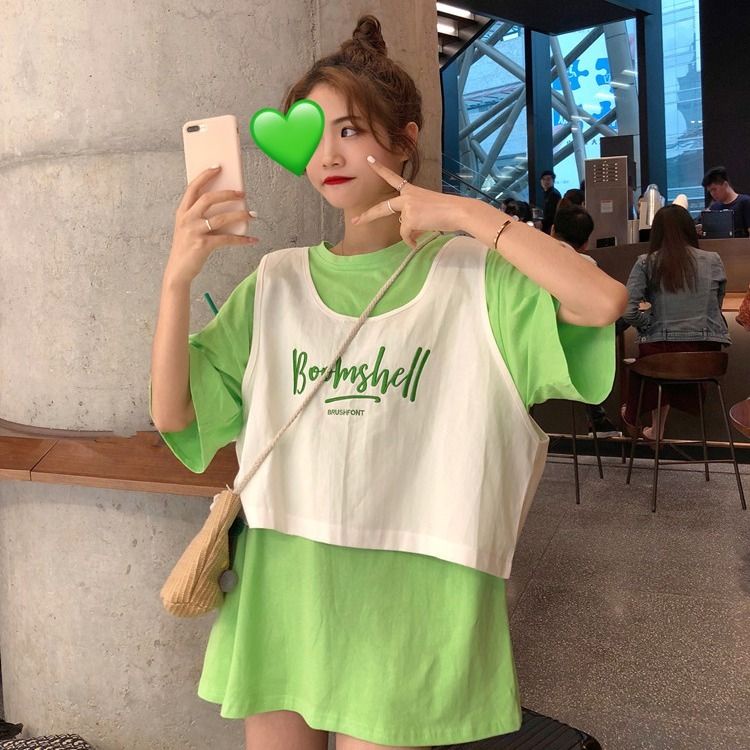 Set Áo Thun Tay Ngắn + Áo Thun Sát Nách Dáng Rộng Thêu Chữ Phong Cách Hàn Quốc Thời Trang Mùa Hè 2022 Cho Nữ