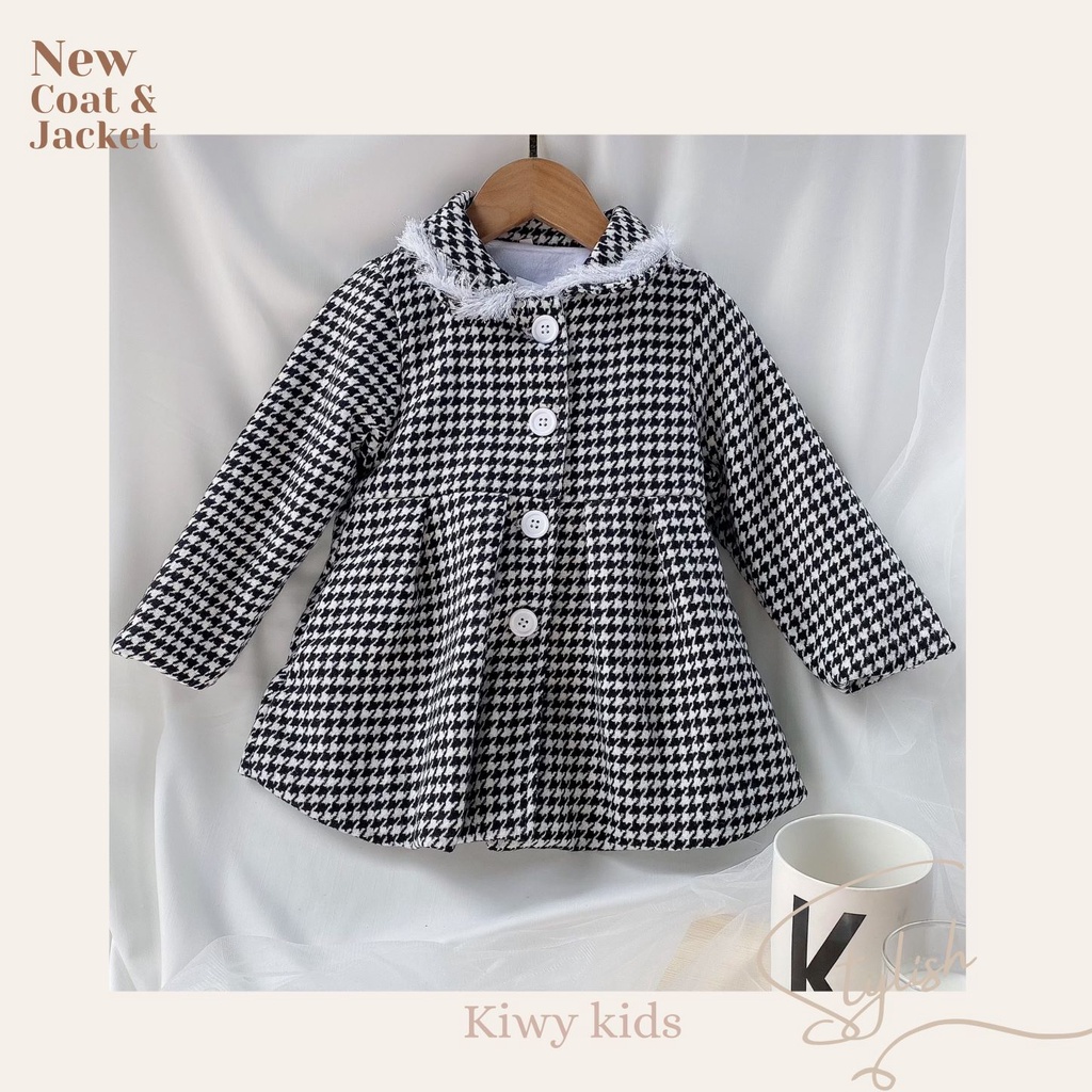 Áo khoác bé gái Kiwy Kids họa tiết Houdstooth sang chảnh Kids10 chất liệu dạ cho bé từ 1 đến 3 tuổi