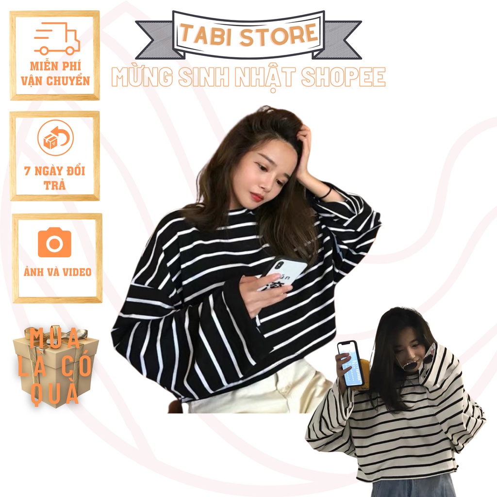 Áo croptop dưới 60kg chất thun tabistore - Kẻ dài tay ống rộng