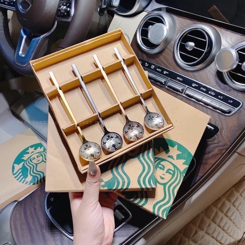 Set 4 thìa muỗng starbucks kèm hộp sang chảnh