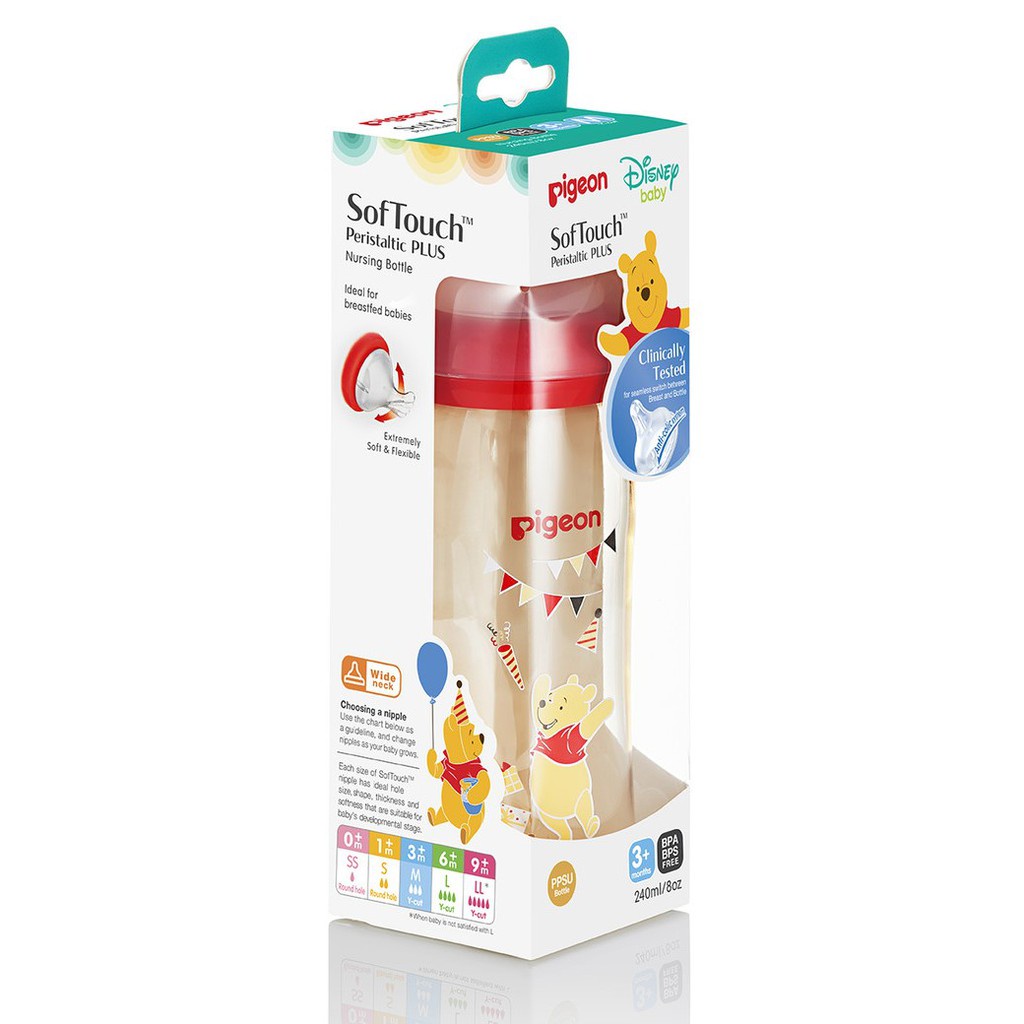 Bình sữa Pigeon PPSU Plus Cổ Rộng Pooh 160ml (S)/240ml (M) Kèm Núm Vú Size S/M