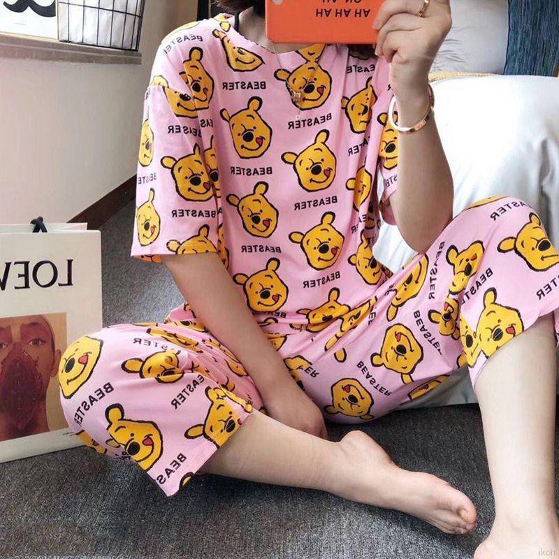 Bộ trang phục 3 mảnh họa tiết hoạt hình dáng rộng chất liệu lụa sữa mặc ở nhà