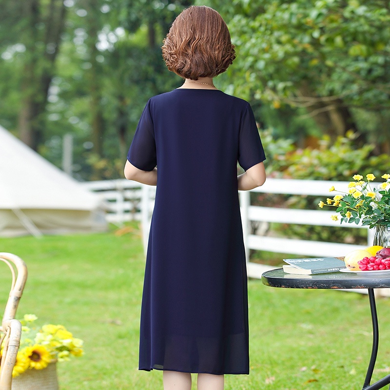Đầm Dài Qua Gối Tay Ngắn Màu Xanh Navy Phong Cách Phương Tây Thời Trang Mùa Hè Cho Phụ Nữ Trung Niên 2022
