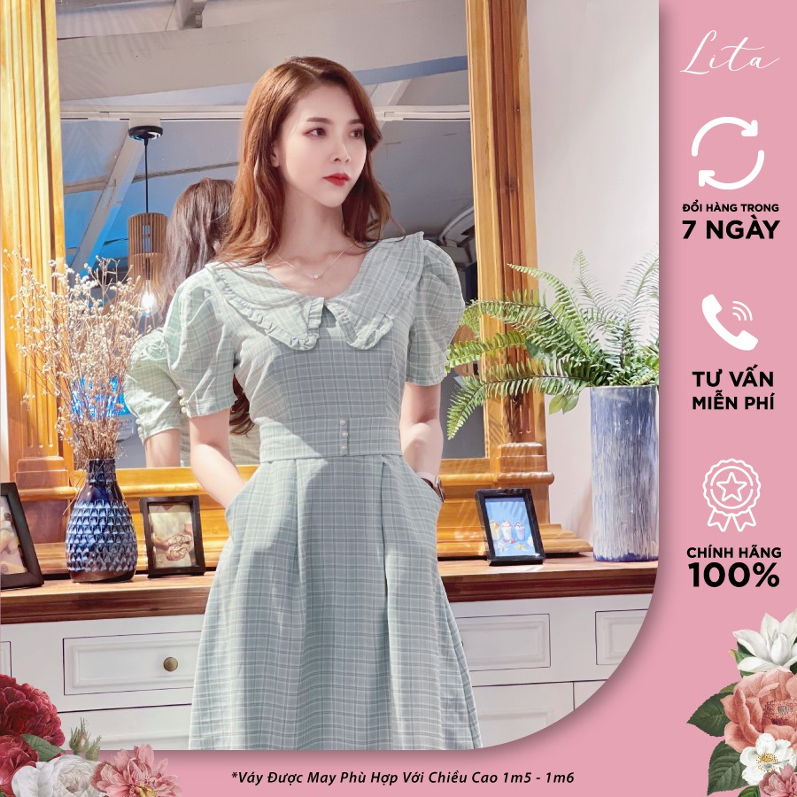 Đầm thiết kế nữ Lita - Váy công sở dáng dài cổ sen kẻ sang trọng Mã SKU: VCS01