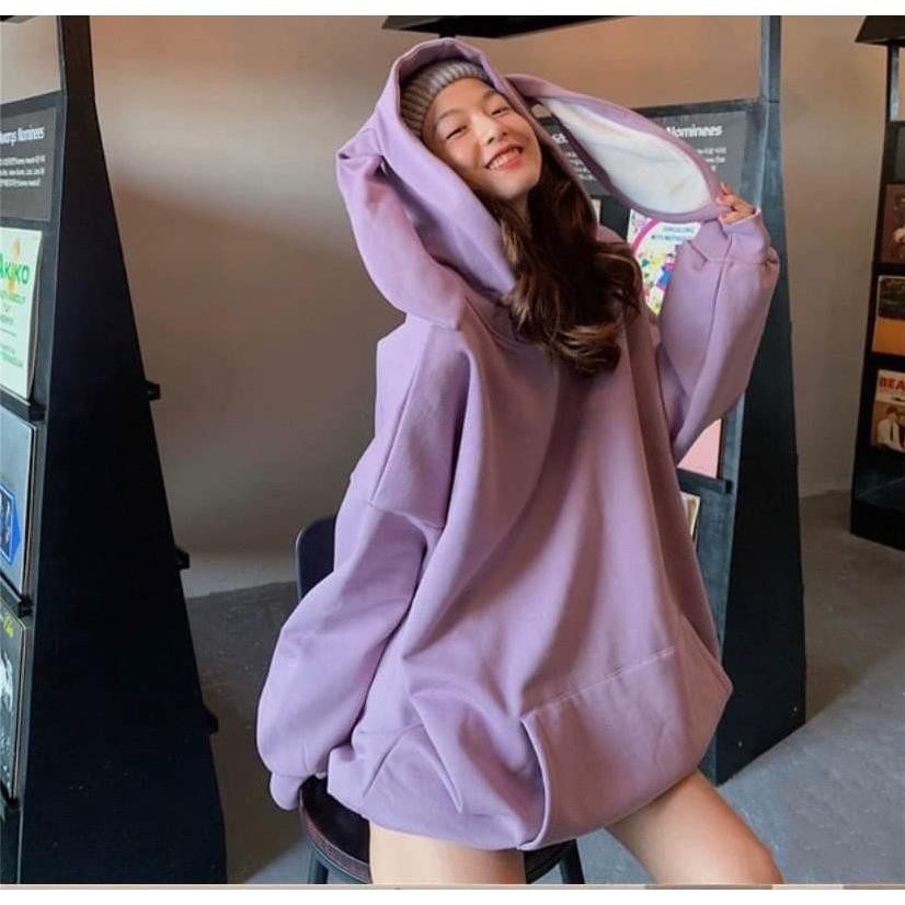 Áo hoodie Freesize tai thỏ Cotton nỉ SG 2 màu cực cute: Trắng - Tím