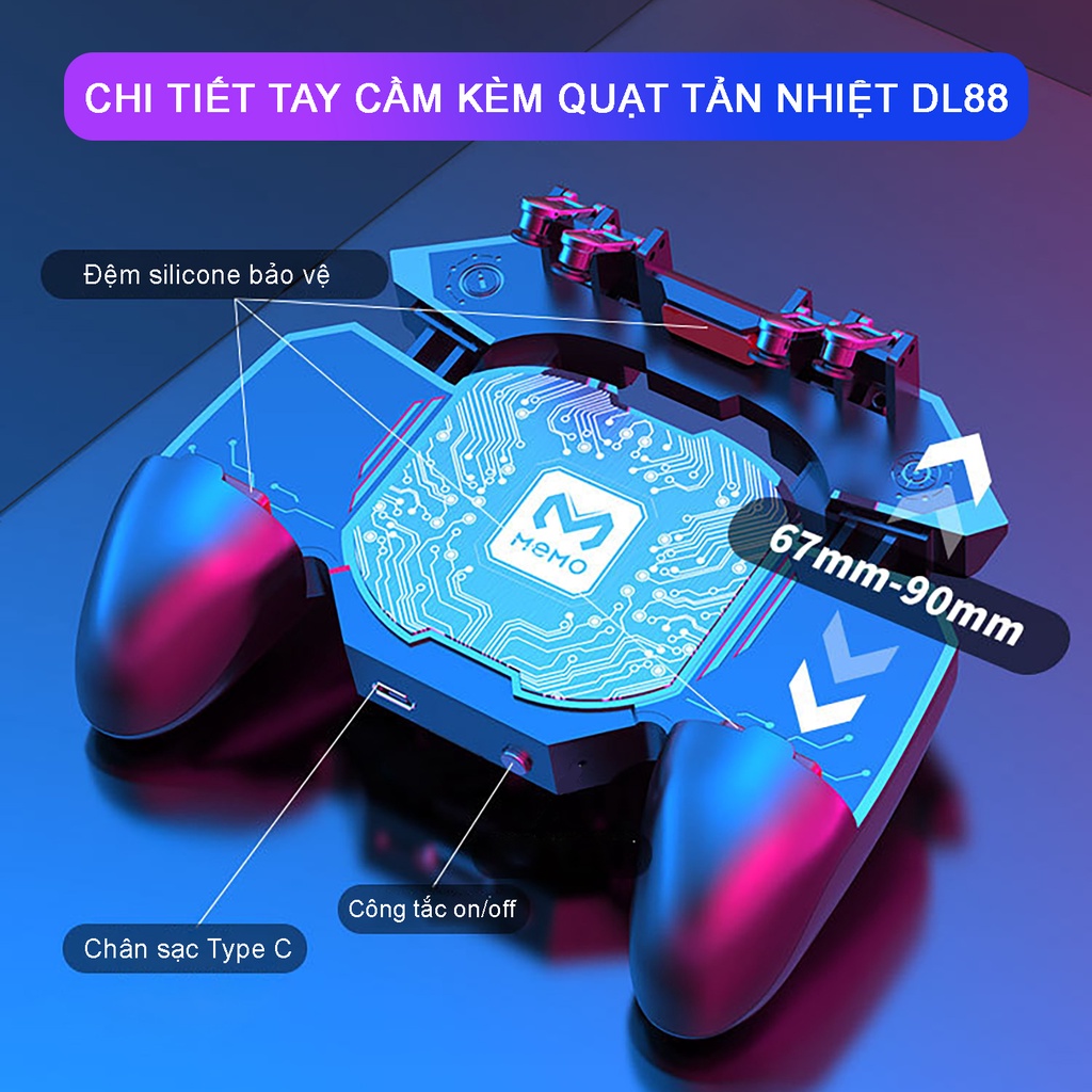 Tay cầm chơi game kèm quạt tản nhiệt sò lạnh MEMO DL88 thao tác 6 ngón hỗ trợ ghìm tâm chơi pubg freefire liên quân FF