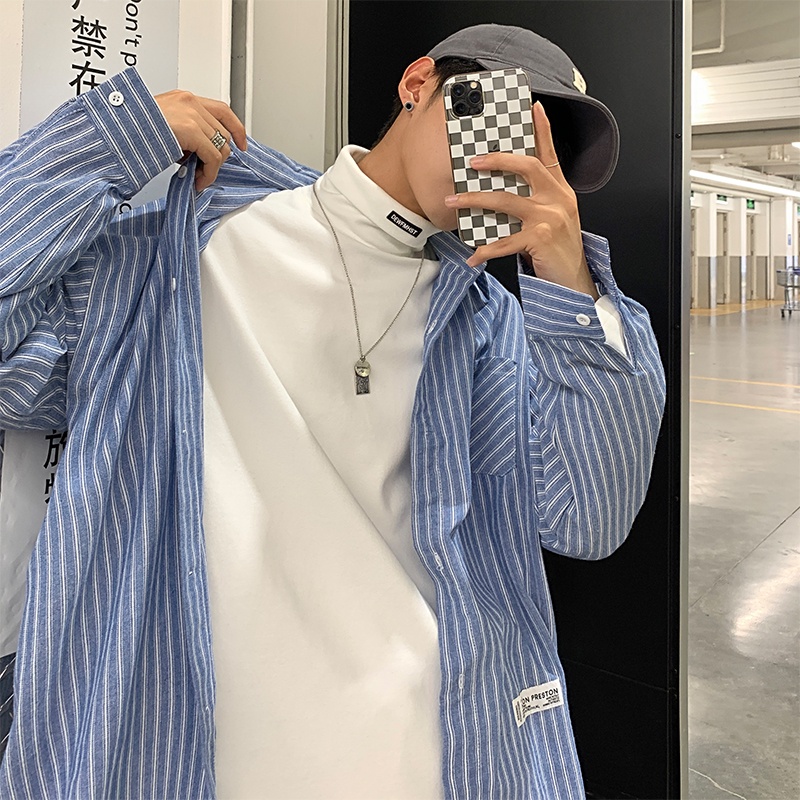 Áo thun tay dài cổ cao dáng rộng màu sắc thời trang cho nam