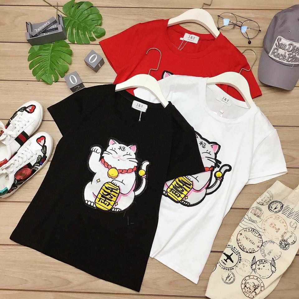 Áo thun mèo thần tài 3 màu đỏ/ đen/ trắng size M ( 42-60kg )