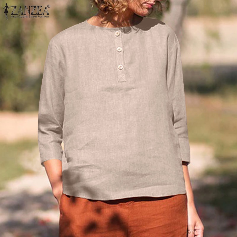 ZANZEA Áo Sơ Mi Nữ Tay 3 / 4 Vải Cotton Màu Trơn Thời Trang