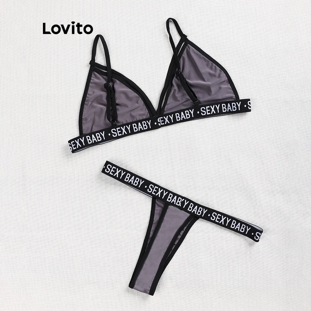 Đồ bơi hai mảnh Lovito in họa tiết chữ sexy L00307 (hồng/xám) | BigBuy360 - bigbuy360.vn