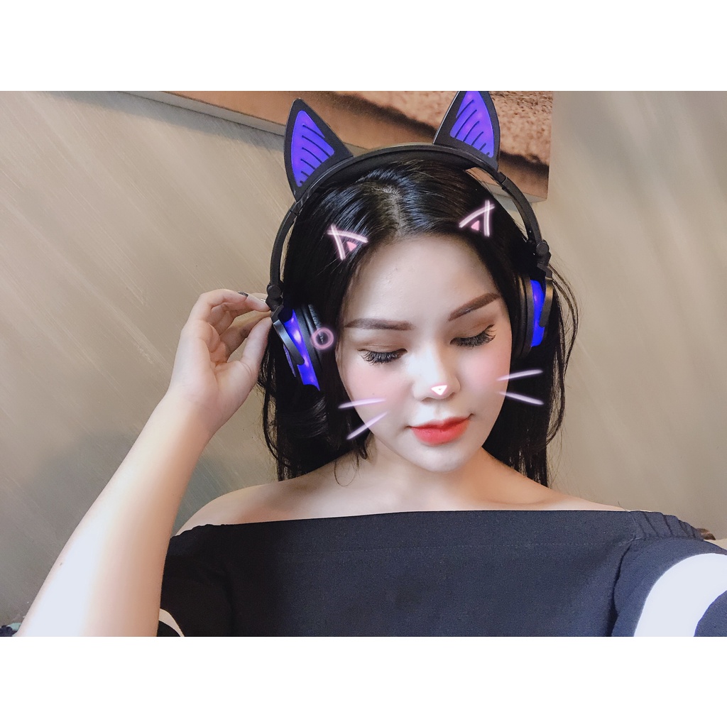 Tai nghe tai mèo Bluetooth Sunshine có led cả ốp và tai mèo, có micro