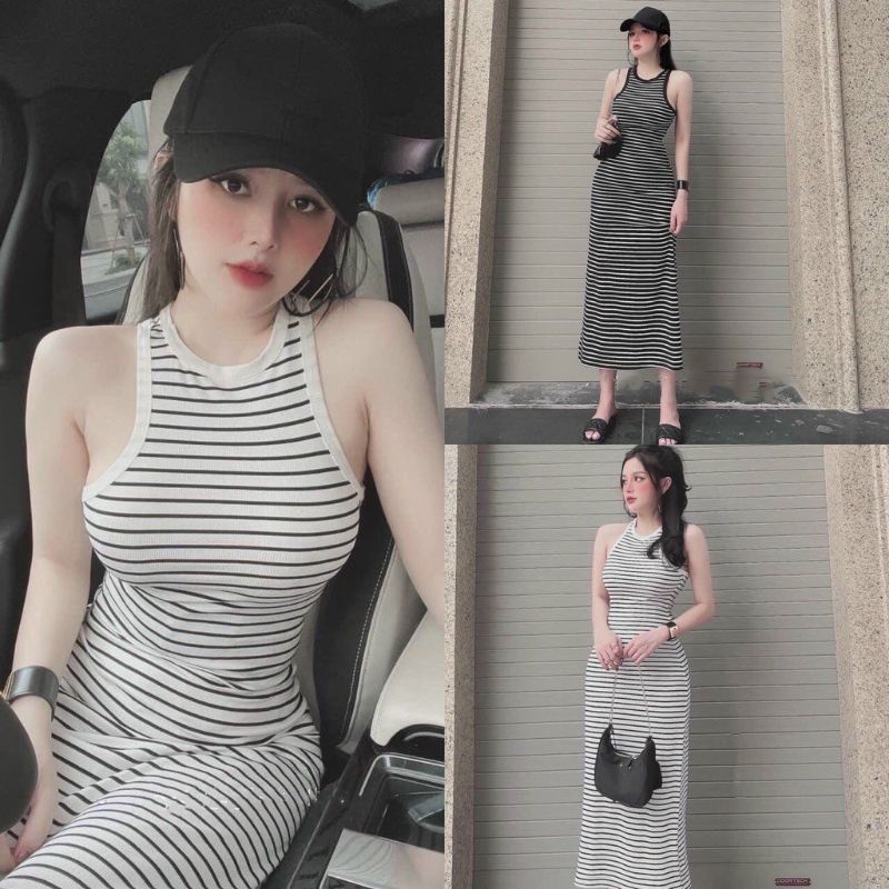 Đầm ôm body ba lỗ sọc dáng thể thao siêu hack dáng ( kèm video thật)