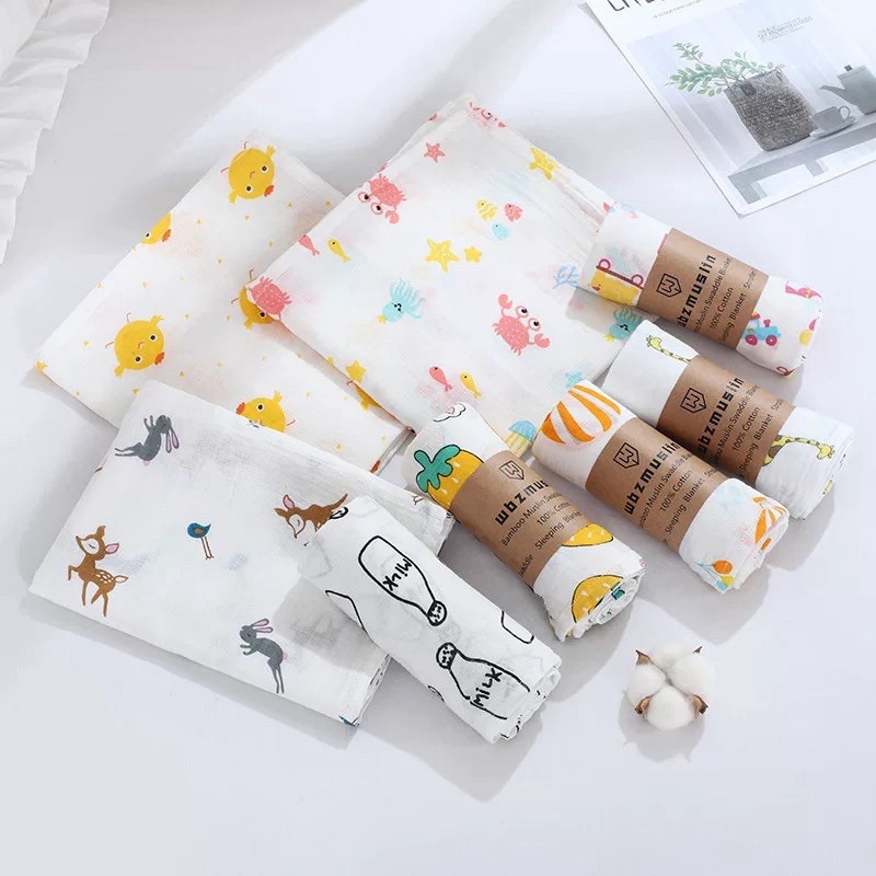 [Mã FMCG8 giảm 8% đơn 500K] Khăn tắm cho bé Muslin Swaddle (110x110cm) - Khăn xô tắm in hình cao cấp cho bé