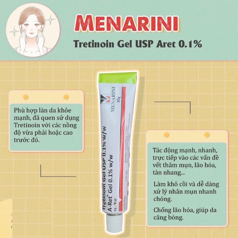 Tretinoin Aret gel 0.1% - 0.05% - 0.025% (20g) - tretinol giảm mụn, chống lão hóa (tre Ấn Độ chính hãng)