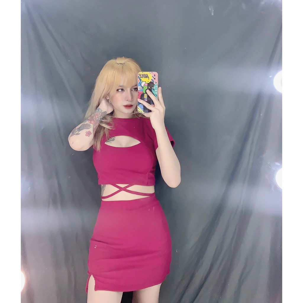 Sét bộ croptop áo khoét ngực quấn dây eo phối chân váy ngắn body xẻ cực xinh , chất pogan mềm mịn ( ảnh thật )
