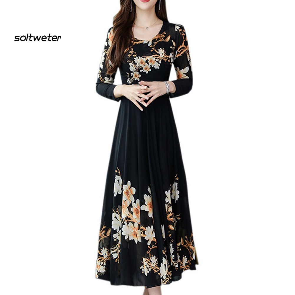 Đầm Maxi Hoa Tay Dài Cổ Tròn Thời Trang Dành Cho Nữ